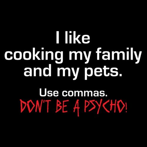 I Like Cooking My Family And My Pets. Use Commas. Don't Be A Psycho - Roadkill T Shirts