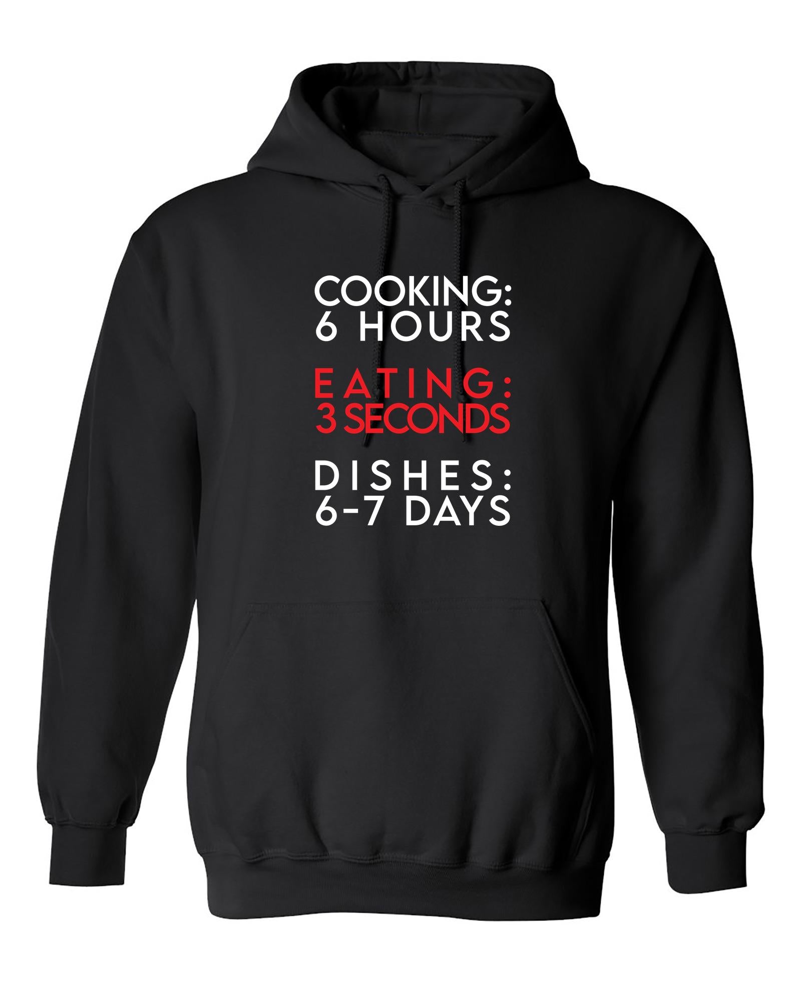 Funny T-Shirts design "Cooking 6 Hours, Eating 3 Seconds, Dishers 6-7 Days Funny Tee"